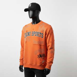 Premium 320 GSM Cotton Blend Fabric Distressed <b>Orange</b> Color Custom Logo Print With Rhinestone Design Logo Basics Sweatshirts - Product Image 4