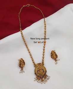Laxmi elegante tradicional indio chapado en oro largo Mala colgante collar conjunto moda mujer joyería conjunto para niñas - Product Image 2