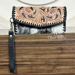Designer Hand Tooled Leather and Cowhide <b>Wallet</b> With Wristlet Strap Large Capacity Purse For Women's Perfect For Western Fashion - Product Image 1