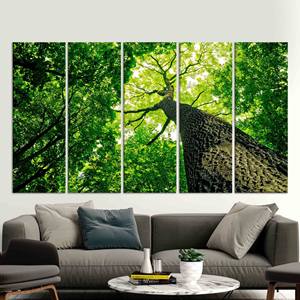 Elegante arte de pared en lienzo con estampado de paisaje de árboles verdes estilo bohemio, JUEGO DE 5 LIEÑAZOS - Product Image 1