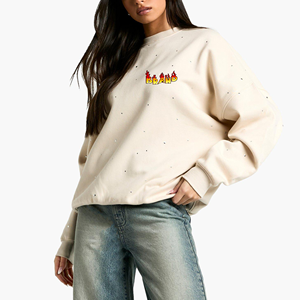 Recién llegado, sudadera con diamantes de imitación antipilling para mujer, Color sólido, hombro caído, transpirable, Hip Hop, invierno, lavado con ácido frontal - Product Image 6