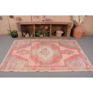 4.3x7 ft Vintage Turkish Rug, Area Rug, <b>Red</b> Gray Polka dot <b>Wool</b> Rug - Product Image 3