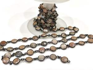 Brass Natural Moonstone Multi Color AB Coated Coin Shape Briolette 9mm Bezel Connector <b>Chain</b> for <b>Jewellery</b> Making Sold Per Foot - Product Image 6