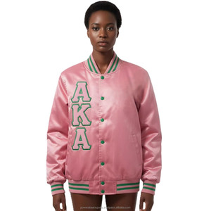 แจ็คเก็ตบอมเบอร์ผ้าซาตินสีชมพูเขียวสำหรับผู้หญิง ยี่ห้อ GREEK AKA แบบสั่งทำพิเศษ แจ็คเก็ตบอมเบอร์ปักลายถักนิตติ้งระบายอากาศได้ดีสำหรับผู้หญิง - Product Image 1