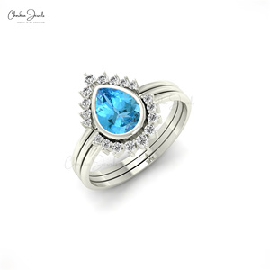 แหวนทองทึบ14K ประดับเพชรสีฟ้าประดับเพชรสีฟ้าประดับพลอยสีทองเค0.65กะรัตสำหรับเจ้าสาวรูปทรงลูกแพร์แบบลำลองแหวนสำหรับงานแต่งงานอันดับต้นๆ - Product Image 4