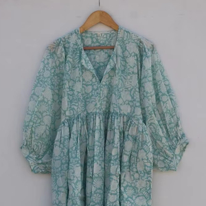 Casual Floral Block Print Midi Dress Deep Neck with <b>String</b> Closer Loose Silhouette Mini Dress Natural Waistline for Summer - Product Image 1