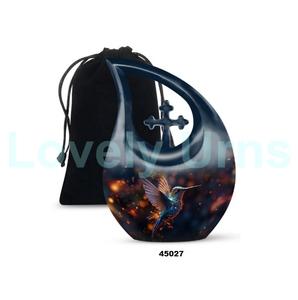 Urna de cremación de pájaro colibrí con gota de lágrima de aluminio negro más vendida para cenizas humanas, urna cruzada decorativa con bolsa de terciopelo gratis - Product Image 5