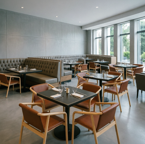 Chaises d'hôtel modernes en bois avec coussins en cuir, pieds coniques, dossier solide, mobilier commercial d'intérieur, design minimaliste - Product Image 1