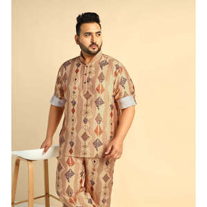 Ensemble coordonné pour homme Amanush, imprimé géométrique, grande taille, manches longues, col mandarin, kurta avec pantalon longueur cheville, tenue décontractée - Product Image 2