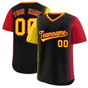 Camiseta de béisbol sublimada para hombre, nombre y número del equipo personalizados, degradado negro, rojo y amarillo, manga corta, cuello en V, uniforme deportivo - Product Image 1