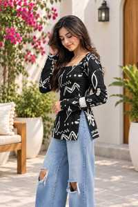 Robe longue à manches longues et col carré pour femme, imprimé floral noir, en polyester et rayonne tissée, style décontracté et ethnique, Kurti court pour femme - Product Image 4