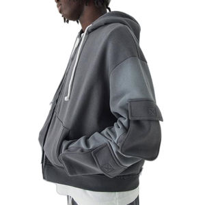 Sweat à capuche zippé homme en coton 100% de haute qualité, coupe ample et carrée, style vintage, tissé, délavé à l'acide, avec poche kangourou et cordon de serrage, multi-poches, pour l'hiver - Product Image 3