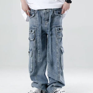กางเกงยีนส์ขาตรงหลายกระเป๋าสำหรับผู้ชาย, กางเกงยีนส์สไตล์สตรีทย้อนยุคดีไซน์ฮิปฮอปขนาดใหญ่พิเศษตามสั่ง - Product Image 3