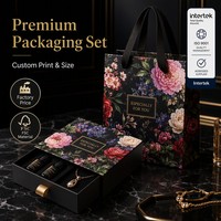 Boîte d'emballage de luxe à double couche avec logo personnalisé, imprimé floral, noire, rigide, pour bijoux et huiles essentielles, vente en gros