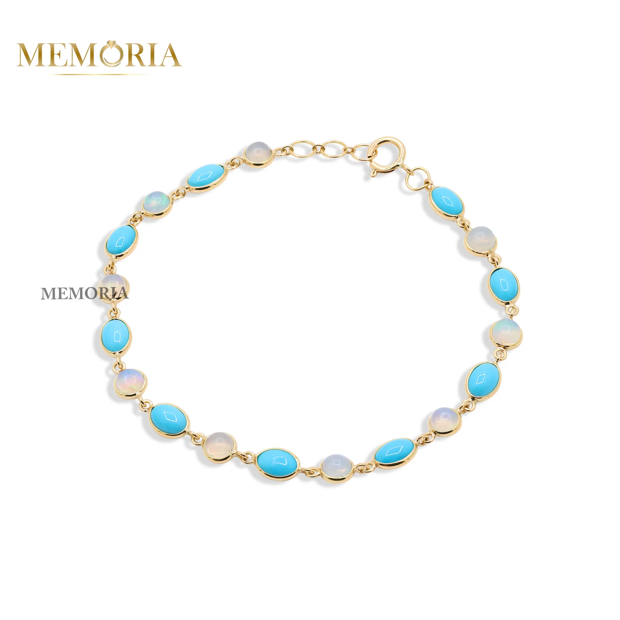Beautiful Tennis Bracelet Alternated Turquoise And Rainbow Opal Gemstone Handmade Bracelet 18k Yellow Gold Jewelry
