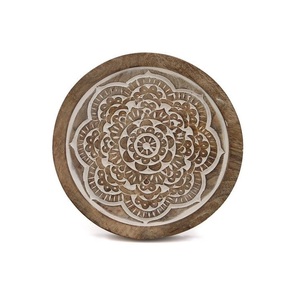 Plateau en bois circulaire écologique, sculpture florale, style ottoman, plateau de service en bois pour la cuisine, décoration de table basse - Product Image 1