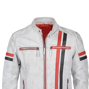 Veste en cuir de vache véritable de haute qualité pour homme, rayures sur le devant et les manches, veste de motard blanche cirée - Product Image 4