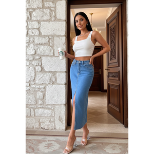 Jupe en jean mi-longue marron taille haute fendue sur le devant pour femme LUSTRIN, idéale pour la vente en gros, les tenues décontractées et les collections de boutiques - Product Image 3
