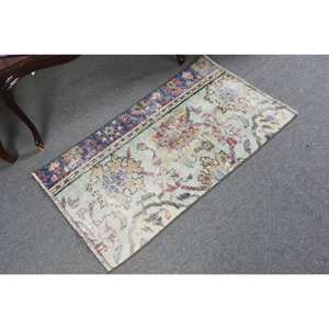 Alfombra de lana turca vintage de 2x3,3 pies, tejido plano de retales de estilo clásico beige y azul con respaldo de látex para decoración para sala de estar - Product Image 2