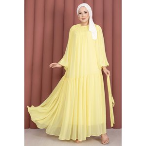 Vestido Amarillo de Gasa con Corte en A, Cinturón con Detalle Fruncido y Estilo Modesto - Product Image 3