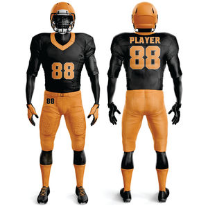 Uniforme de fútbol americano sublimado para hombre, transpirable, 100% poliéster, negro, naranja, aparejos, sarga, equipo, pantalones cortos de Jersey - Product Image 1