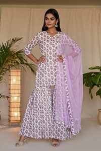 High Quality Lilac BlockPrint Sharara Set Direct From Manufacturer Indian & Pakistani Kurti and Pants - Product Image 3