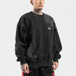 Sudadera Hip Hop para Hombre, Estilo Vintage Lavado, Decolorado al Sol, Bordado con Pedrería, Estampado Puff, Estilo Urbano - Product Image 6