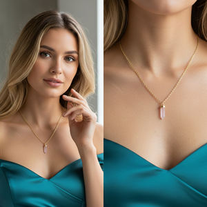 Pendentif en forme de balle en quartz rose, chaîne en argent sterling plaqué or pour fiançailles, mariage, fête - Product Image 6