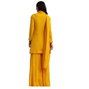 Traje amarillo Cutdana Kurti Palazzo con Dupatta, venta al por mayor de Ropa Étnica para mujer, proveedor de fábrica de ropa OEM, traje de fiesta personalizado - Product Image 5