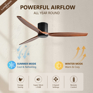 52 Inch Flush Mount <b>Ceiling</b> Fan Without <b>Light</b> with 3 Solid Wood Blades <b>Remote</b> <b>Control</b> for Living Room Bedroom - Product Image 2