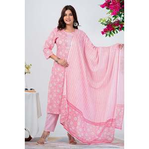 Conjunto de Kurta de Algodón Estampado Rosa Elegante para Mujer con Dupatta, Estilo Pakistaní, Ropa Étnica para Uso Diario y Festivo, Look Salwar - Product Image 3