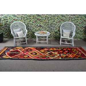 Alfombra Turca de 2.9x10.6 pies, Alfombra Vintage de Lana Marroquí Roja y Azul - Product Image 3