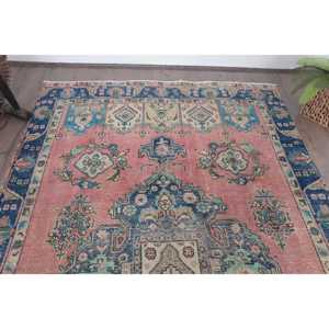 Alfombra Turca Vintage, Alfombra Grande de 5.9x9.3 pies, Alfombra de Lana con Diseño de Plantas y Árboles en Azul y Rojo - Product Image 4