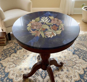 Plateau de table basse rond en pierre de lapis-lazuli semi-précieuse naturelle, design attrayant, incrustation de fleurs magnifiques - Product Image 3