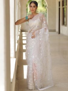 El último diseñador de seda de organza suave con hilo blanco Work Party Festival Saree de Fab Zone High Quality Women's - Product Image 4