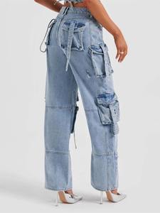 กางเกงยีนส์ขาตรงสไตล์ลำลองสำหรับผู้หญิงกางเกงยีนส์ซักด้วยเชือกรูดกางเกงยีนส์อเนกประสงค์สำหรับใช้ในชีวิตประจำวัน - Product Image 3