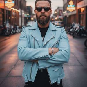 <b>Men's</b> Blue Hooded Breathable Casual <b>Summer</b> Leather Motorcycle <b>Jacket</b> - Product Image 3