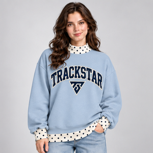 Sudadera de cuello alto azul claro para mujer con ribete de lunares color marfil y gráfico universitario Trackstar OEM Private Label - Product Image 1