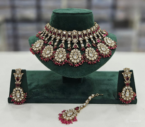 Joyería más de moda para la función de la boda india CZ piedra tachonada con perla trabajo gargantilla collar conjunto pendientes y Mangtika conjunto - Product Image 1