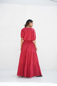 Conjunto de dos piezas bohemio de patrón sólido 100% falda Maxi escalonada de algodón con bolsillos y cuello barco Crop Top Loose Fit Casual Style" - Product Image 2