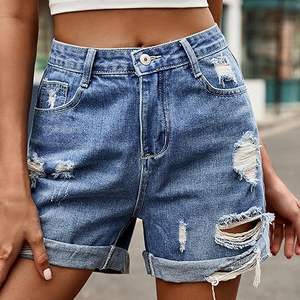 Pantalones cortos de mezclilla de moda para mujer, pantalones cortos de verano de cintura alta para mujer, pantalones cortos elásticos informales para mujer con bolsillos, ideales para viajar - Product Image 1