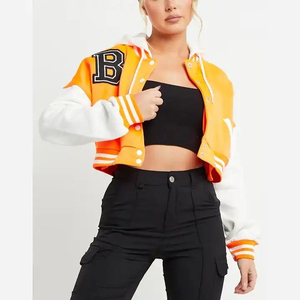 Women's Winter Windproof Crop Top with Crew Neck varsity <b>jackets</b> Featuring Breathable Cow Leather <b>Sleeves</b> Baseball <b>Short</b> Style - Product Image 5