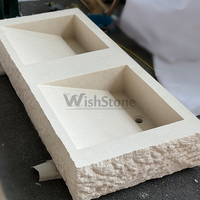 Lavabo double en marbre blanc beige, surface extérieure sculptée à la main, lavabo double pour salle de bain, taille personnalisée