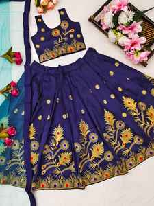 Shoryam Fashion Designer Girls <b>Lehenga</b> Choli | Royal Blue Embroidery <b>Kids</b> Gown | Bollywood Style Children Ethnic Party Outfit - Product Image 3