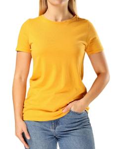 Camiseta amarilla lisa con cuello redondo para mujer, camiseta informal cómoda de manga corta de tela de algodón suave para uso diario y moda de verano - Product Image 1