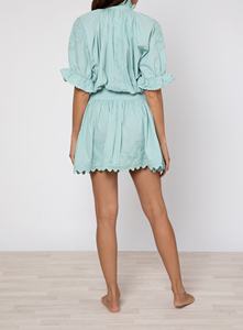 100% Cotton Poplin <b>A</b>-<b>Line</b> Blouse <b>Dress</b> Fashionable Scallop-Edged Shirt Adjustable Elastic Waist Tie Ric Rac <b>Pattern</b> Decorations - Product Image 2