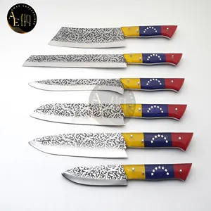 Mutfak bıçağı D2 çelik gravür bıçakları ile 6 adet Set ve saf inek gizlemek deri rulo kiti ile Venezuela bayrağı kolları