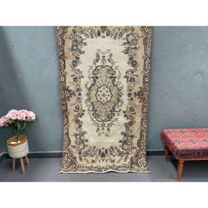 Turkish Area Rug 3.6x6.7 ft (110x204 cm), Vintage <b>Brown</b> Persian <b>Wool</b> Rug - Product Image 1