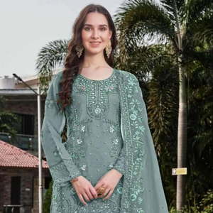 Organza elegante Shalwar Kameez con bordado Khatli Work Santoon Bottom y Organza Dupatta, perfecta para uso festivo - Product Image 1