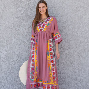 Haute qualité classique 100% coton col en v broderie Midi Maxi longueur robe pour les femmes doux naturel personnalisé robe de vacances pour - Product Image 1